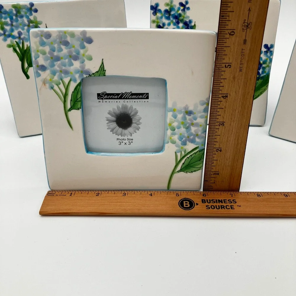 Tradewind Bay Photo Frame Set 4 3x3 White Blue Hydrangea Ceramic Floral